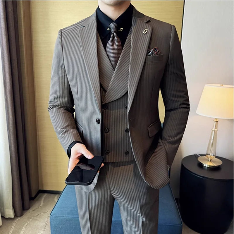 (Jaquetas + calças + colete) terno masculino listrado de luxo versão coreana moda elegante fino ajuste smoking formal noivo casamento ternos sociais