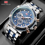 Mini foco analógico vestido de quartzo relógio masculino prata azul pulseira de aço inoxidável cronógrafo relógio de pulso luminoso com data 24 horas 0470
