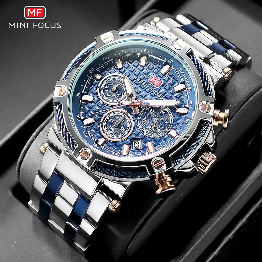 Mini foco analógico vestido de quartzo relógio masculino prata azul pulseira de aço inoxidável cronógrafo relógio de pulso luminoso com data 24 horas 0470