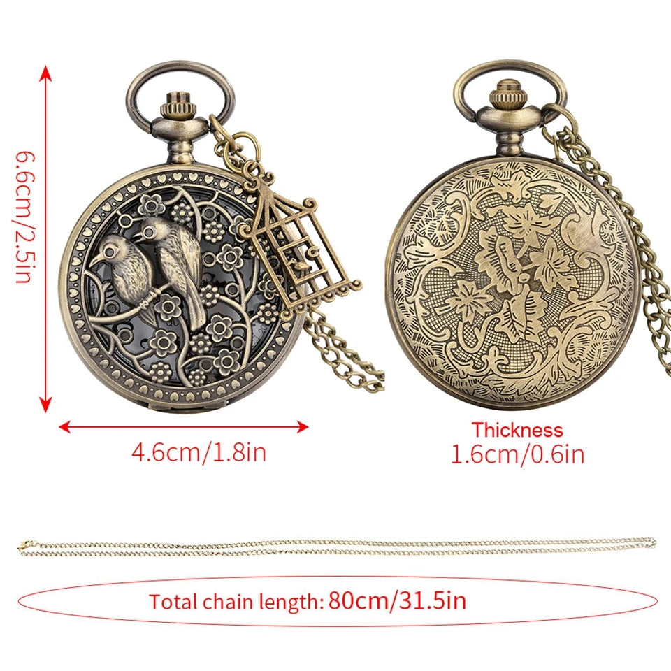 Dois pequenos pássaros estilo retro relógio de bolso de quartzo corrente steampunk colar pingente fob relógio animal com gaiola acessório