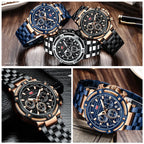 Mini foco analógico vestido de quartzo relógio masculino prata azul pulseira de aço inoxidável cronógrafo relógio de pulso luminoso com data 24 horas 0470