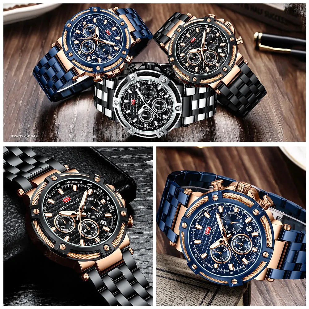 Mini foco analógico vestido de quartzo relógio masculino prata azul pulseira de aço inoxidável cronógrafo relógio de pulso luminoso com data 24 horas 0470