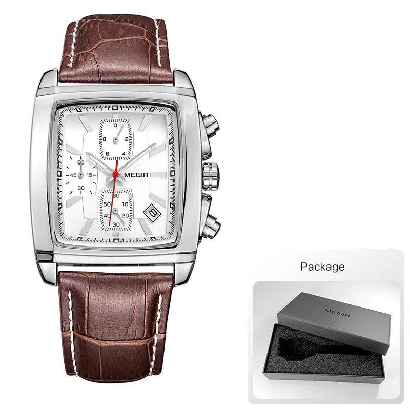 Megir retângulo dial pulseira de couro relógio para homem casual azul cronógrafo relógios de quartzo homem relógio de pulso montre reloj Часы m �