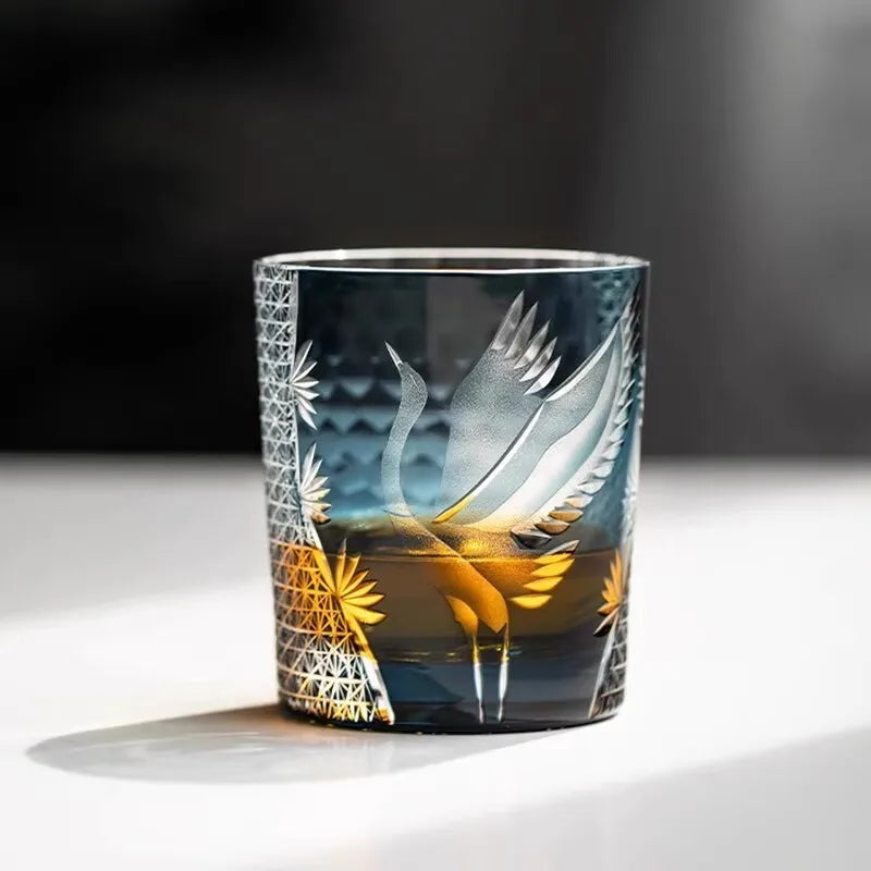 Japonês mão gravura pinheiro guindaste edo kiriko cristal copo de uísque trabalho da arte copo vinho brandy snifter saquê caneca copo de licor