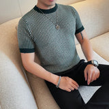 Outono novo xadrez tripulação pescoço casual manga curta camiseta de alta qualidade camisola de malha topos streetwear social casual camiseta