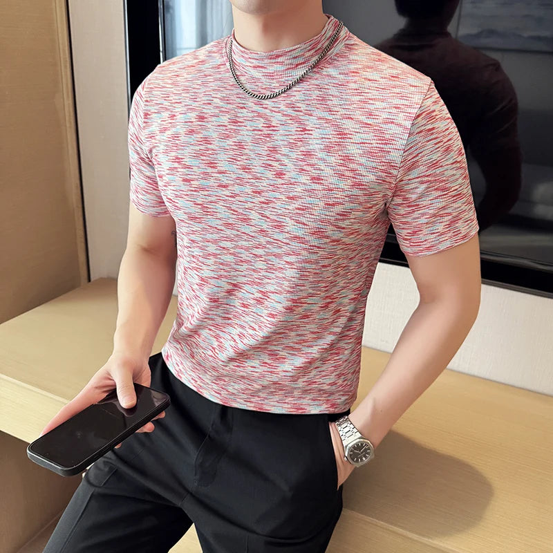 Camiseta camuflada masculina verão meia gola alta ajuste fino manga curta moda versátil camisetas casuais topos roupas masculinas