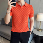 Camisa polo de malha fina de seda e gelo masculina, camiseta casual, manga curta, gola em O, justa, respirável, elástica, malha, masculina, verão