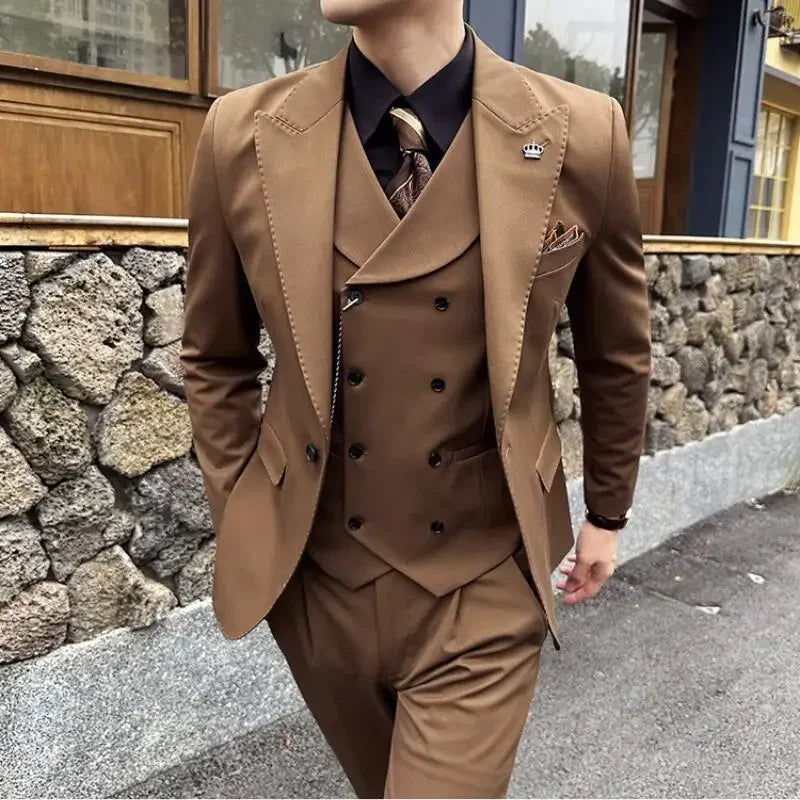 (Jaquetas + calças + colete) homens de alta qualidade fino ajuste festa smoking 3 peças moda duplo breasted colete design casamento terno social