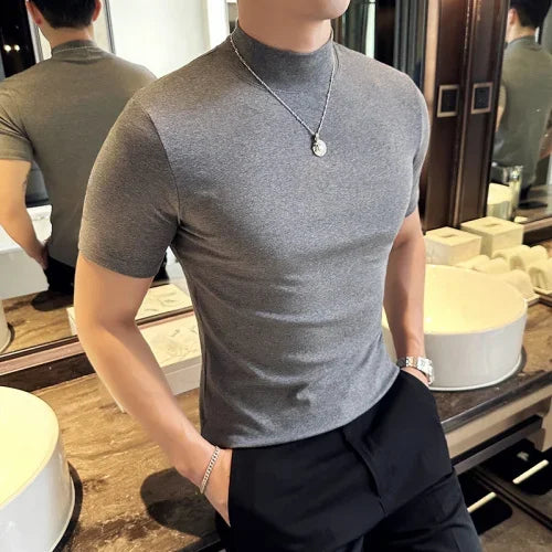 Outono inverno masculino meia alta pescoço manga curta camiseta coreano fino ajuste cor sólida camisa inferior casual algodão elástico camisetas