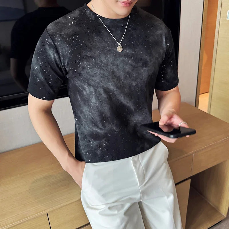 Camiseta espumante com gola em O masculina, alta qualidade, ajuste fino, elástica, manga curta, coreano casual, tops sociais, camiseta de verão