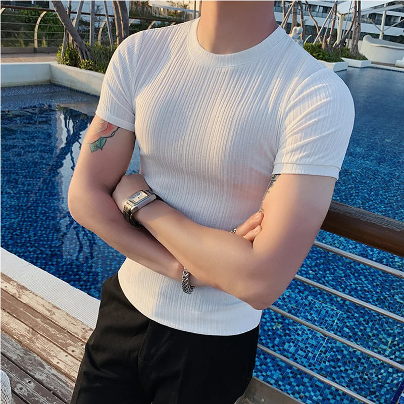 Estilo britânico verão fino gelo seda sólida t camisas roupas masculinas 2022 em torno do pescoço manga curta fino ajuste casual camiseta topo streetwear