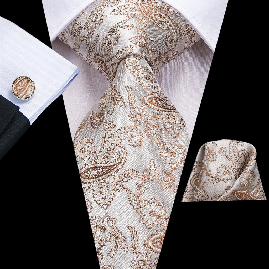 Hi-tie floral champanhe marfim masculino elegante gravata lenço abotoaduras para smoking moda clássico seda gravata de luxo para homem