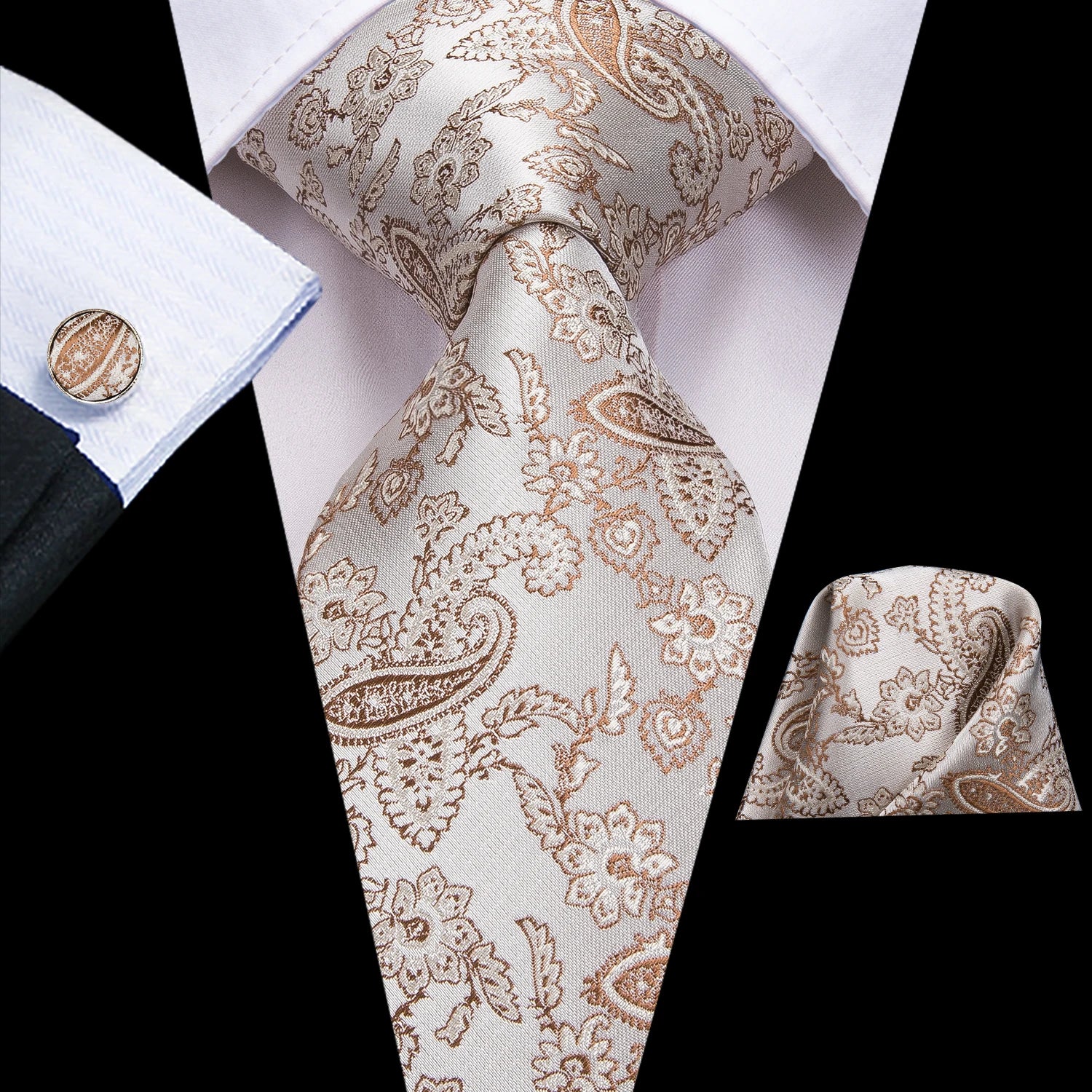 Hi-tie floral champanhe marfim masculino elegante gravata lenço abotoaduras para smoking moda clássico seda gravata de luxo para homem
