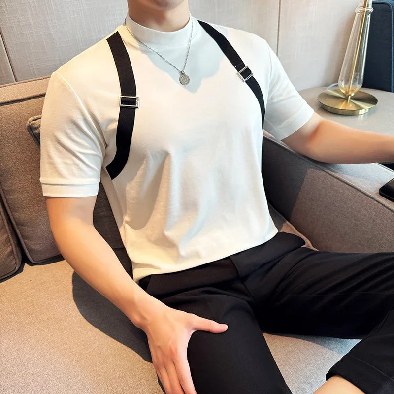 T-shirt de tecido masculino para decoração, slim fit, elástico, gola meia alta, camiseta de manga curta, design de emenda, moda coreana, nova