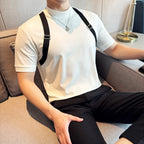 T-shirt de tecido masculino para decoração, slim fit, elástico, gola meia alta, camiseta de manga curta, design de emenda, moda coreana, nova