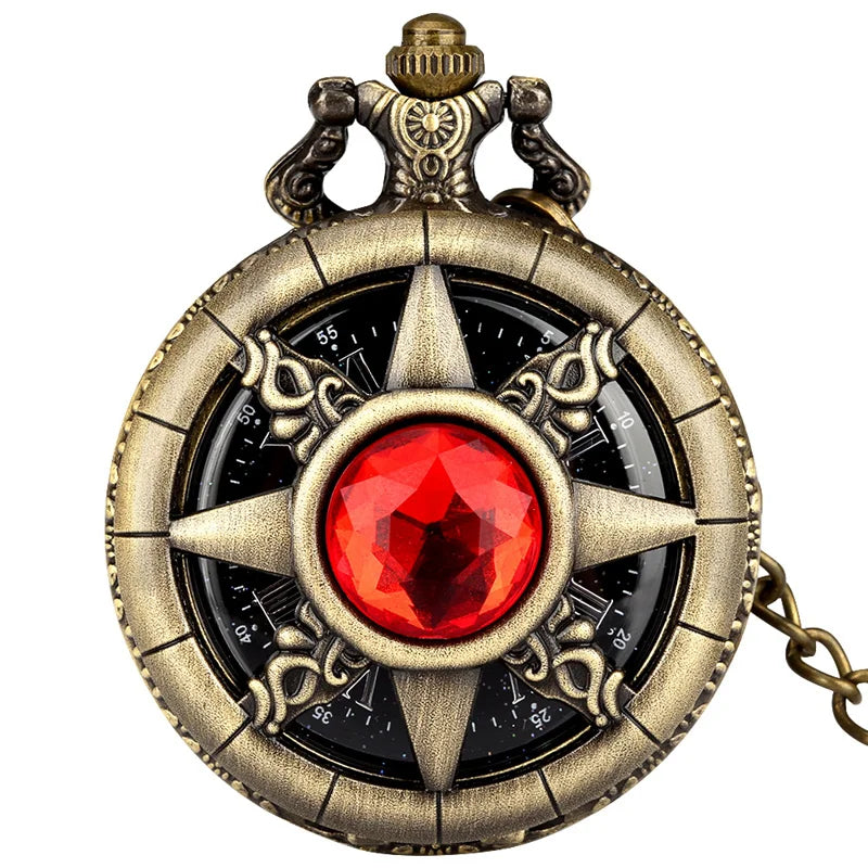 Exquisite Emerald-Green Stone Bronze Case Quartz Pocket Watch, Simples Dial Branco Cadeia Relógio, Colar Pingente para Homens e Mulheres