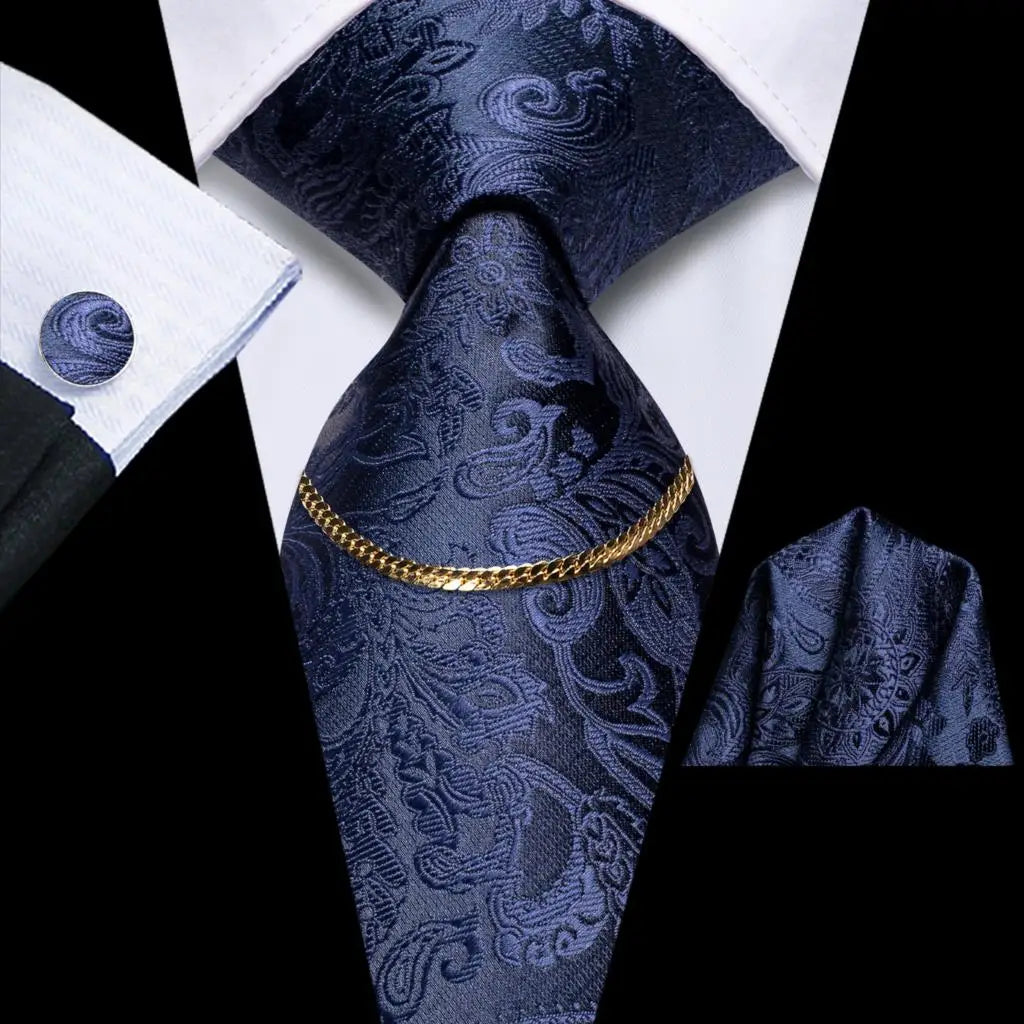 Hi-Tie-Gravatas de seda xadrez de luxo masculinas, conjunto de abotoaduras, design preto, presente de casamento, corrente de gravata moda