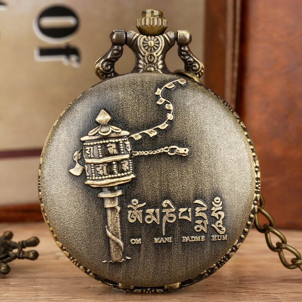 Om Mani Padme Hum Budismo Letras Sanskrit Seis Palavras Relógio de Bolso de Quartzo para Homens Mulheres com Colar de 80cm/Cadeia de Gancho de Cintura de 38cm