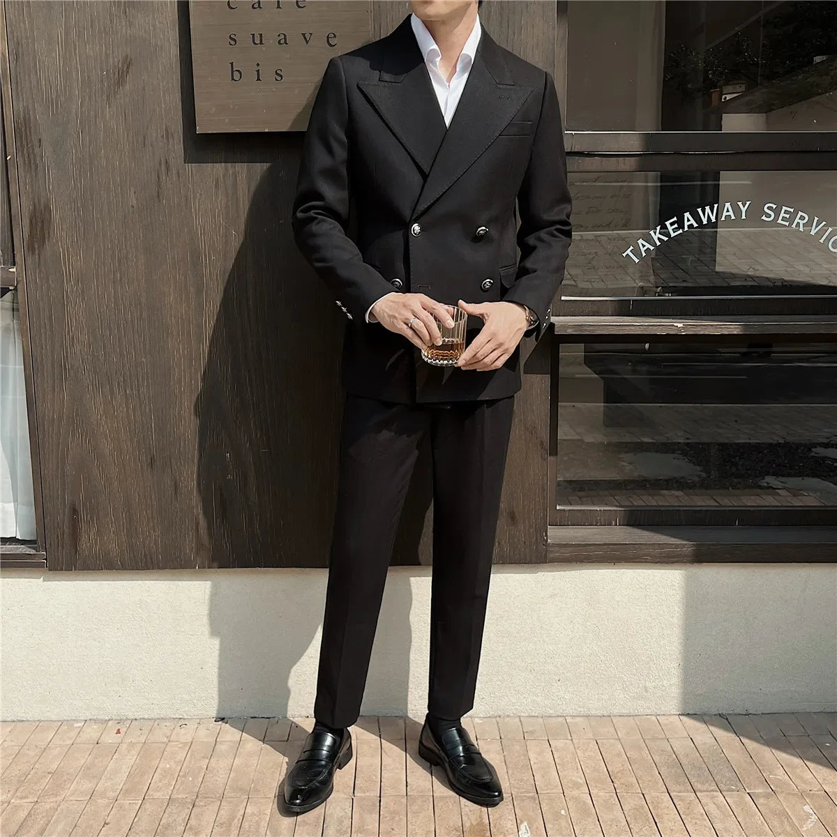 (Jaquetas + calça) moda duplo breasted design masculino terno estilo italiano luxo elegante negócios social vestido de casamento terno grosso 2 peças