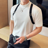 T-shirt de tecido masculino para decoração, slim fit, elástico, gola meia alta, camiseta de manga curta, design de emenda, moda coreana, nova