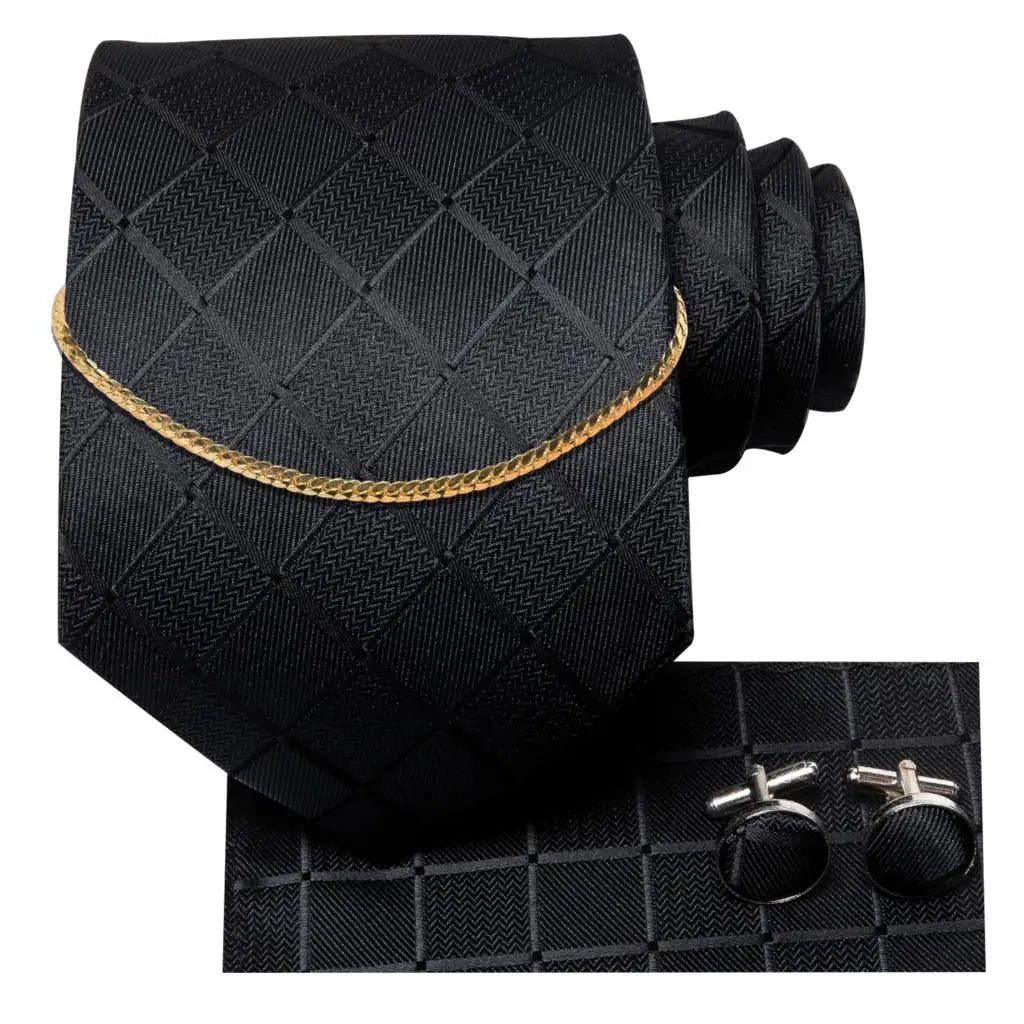 Hi-Tie-Gravatas de seda xadrez de luxo masculinas, conjunto de abotoaduras, design preto, presente de casamento, corrente de gravata moda