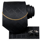 Hi-Tie-Gravatas de seda xadrez de luxo masculinas, conjunto de abotoaduras, design preto, presente de casamento, corrente de gravata moda