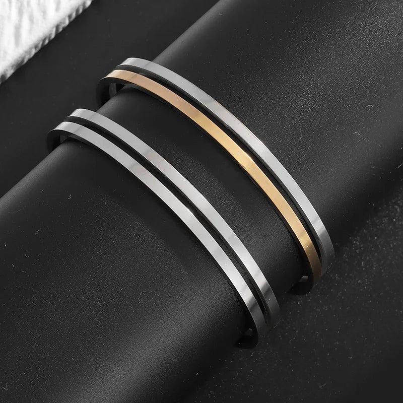 Pulseira de punho simples brilhante de dupla camada de aço inoxidável adequada para homens e mulheres pulseira de punho de duas cores joias de casal