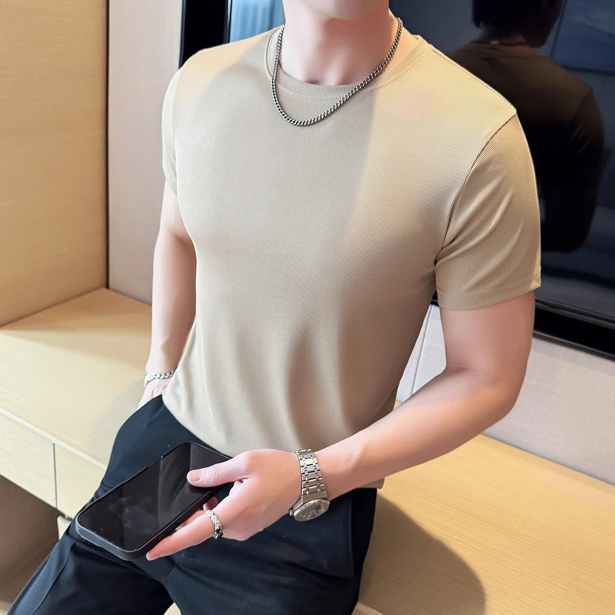 Verão fino gelo seda elástica cor sólida t camisa masculina manga curta fino ajuste gola redonda casual respirável camiseta roupas masculinas