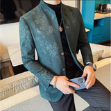 Novo chinês gola blazer jaqueta 2025 moda elegante impresso fino ajuste ternos de negócios jaqueta tailcoat roupas masculinas