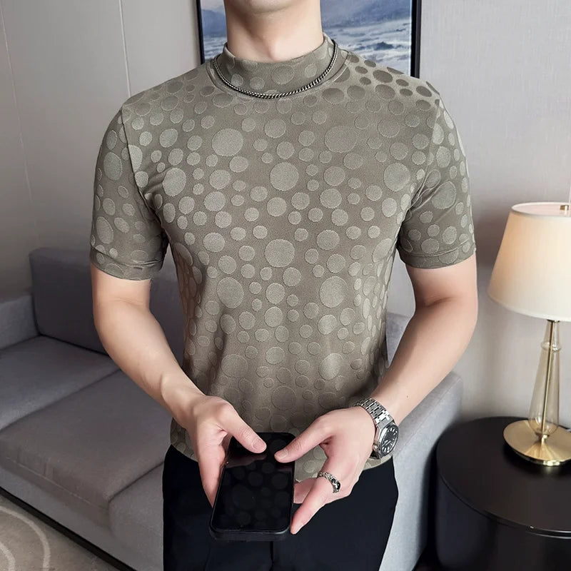 Dot print camisetas masculinas verão meia alta pescoço cor sólida fino ajuste casual versátil respirável t camisa pulôver roupas masculinas