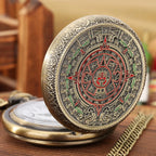 Bronze mexicano maya asteca calendário arte profecia cultura banhado a ouro moeda relógio de bolso de quartzo com colar de 80cm/corrente de cintura de 38cm