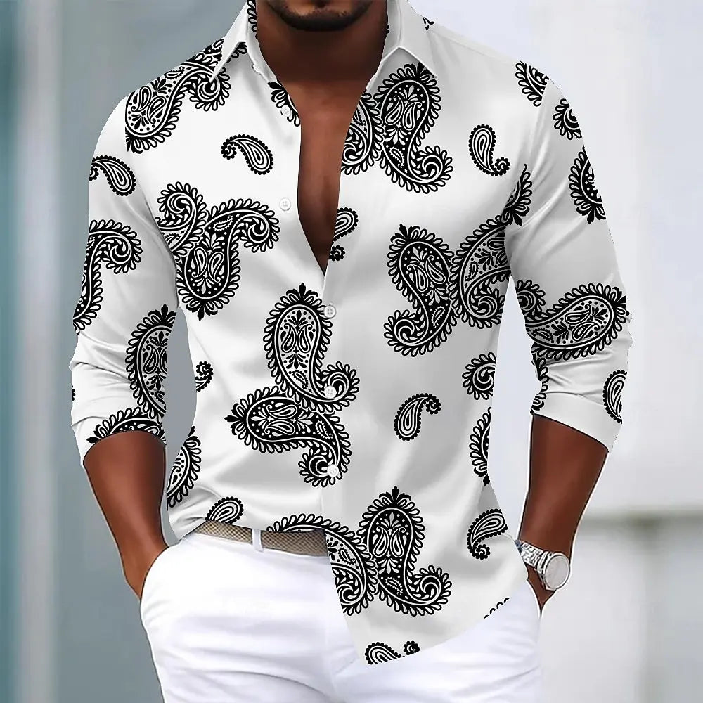 2025 camisa de manga longa masculina paisley floral impressão étnica outono inverno streetwear casual conforto poliéster fino ajuste camisas