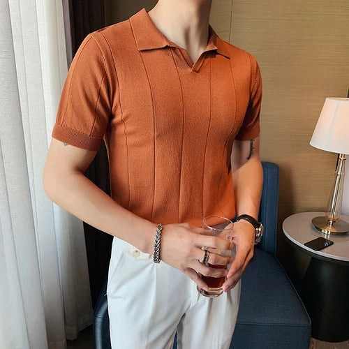 Estilo britânico v pescoço polo camisa dos homens de verão manga curta tricô t moda lapela cor sólida fino ajuste negócios polos casuais