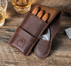 Suporte de charutos de 3 dedos em couro genuíno vintage, caixa portátil do humidor com estojo cortador, saco de presente masculino