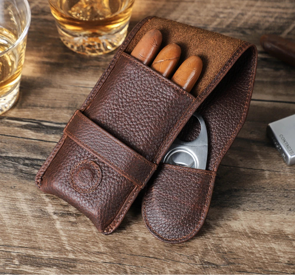 Suporte de charutos de 3 dedos em couro genuíno vintage, caixa portátil do humidor com estojo cortador, saco de presente masculino