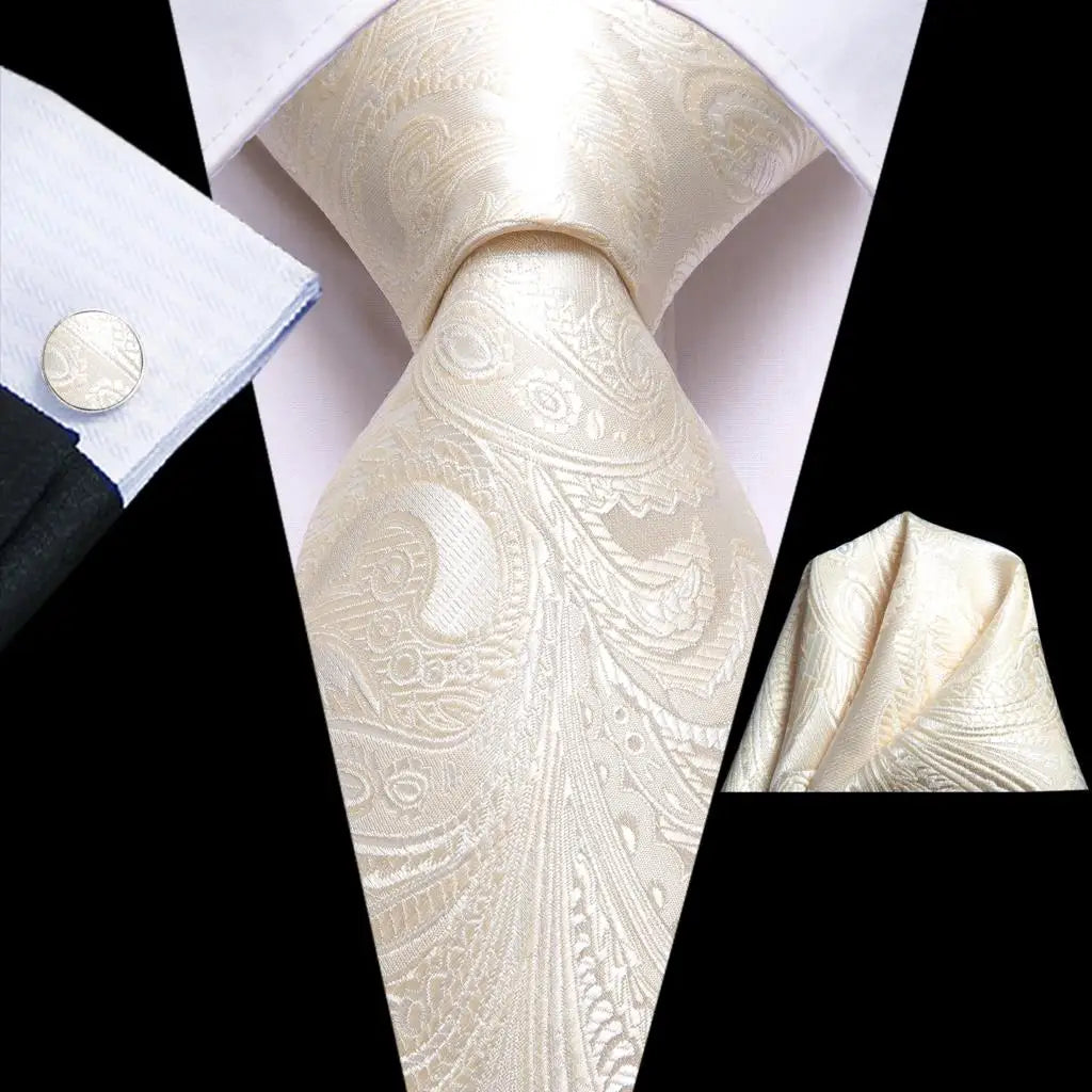 Gravatas masculinas branco sliver hanky abotoaduras conjunto de seda pescoço laços para festa de casamento negócios gravata masculina 2022 nova marca de moda hi-tie