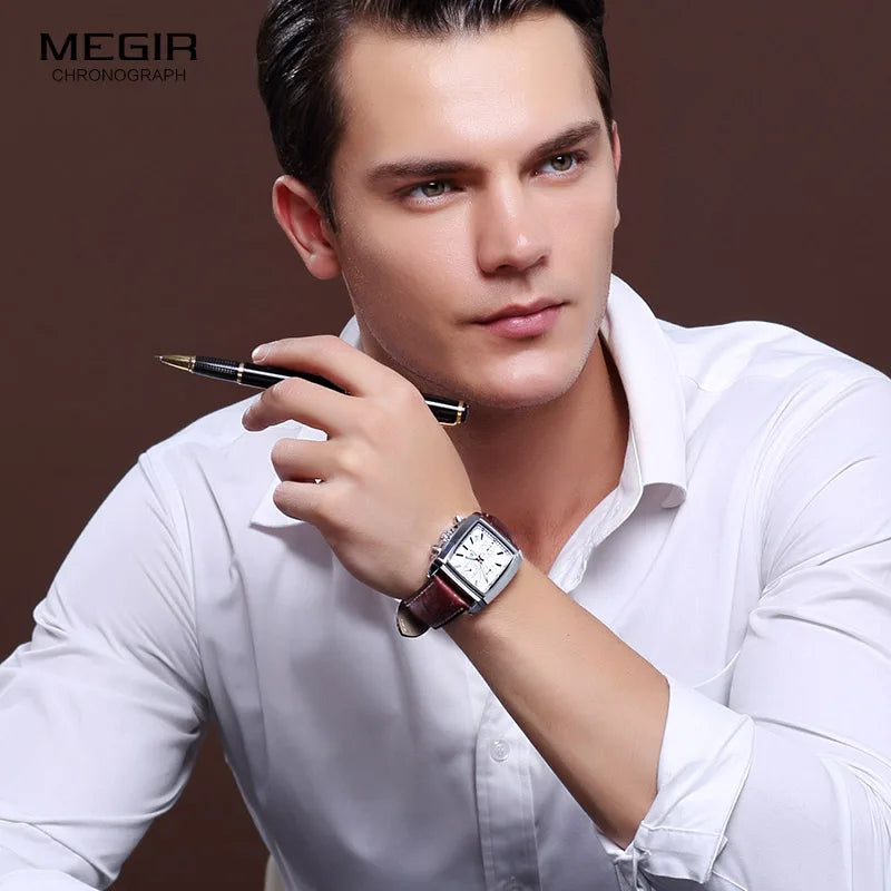 Megir retângulo dial pulseira de couro relógio para homem casual azul cronógrafo relógios de quartzo homem relógio de pulso montre reloj Часы m �