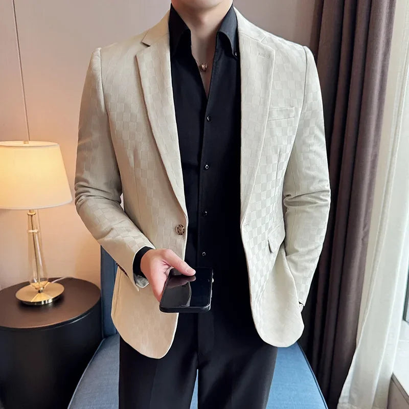 Blazers de negócios quadriculados slim fit para homens, jaqueta formal, botão único, festa social, moda luxuosa, tamanho grande, 5XL, 24, 2024