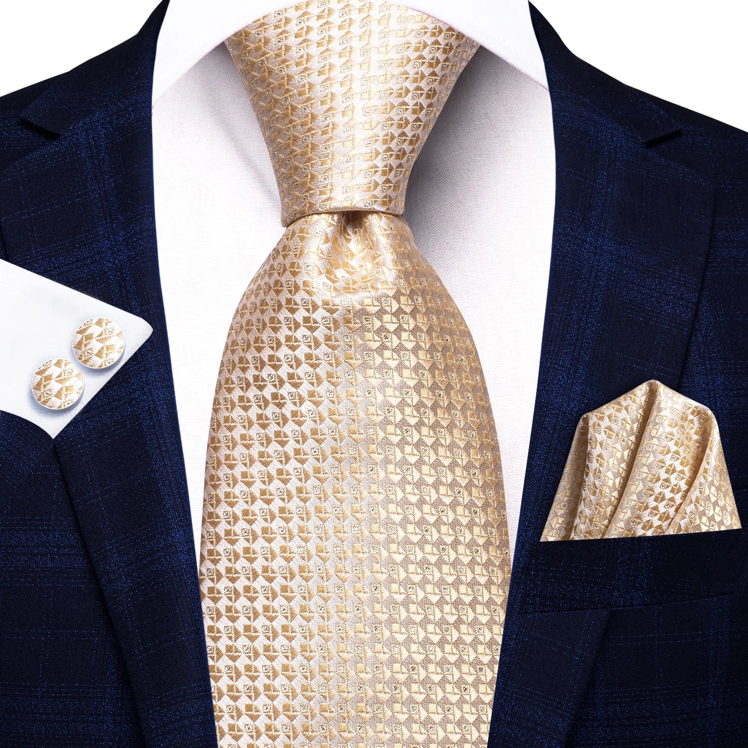 Hi-tie floral champanhe marfim masculino elegante gravata lenço abotoaduras para smoking moda clássico seda gravata de luxo para homem