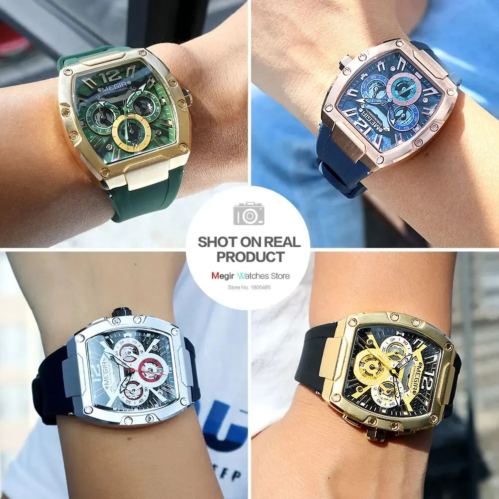 MEGIR-Relógio quartzo impermeável masculino, verde dourado, pulseira de silicone, cronógrafo, relógio de pulso com data, ponteiros luminosos, moda desportiva