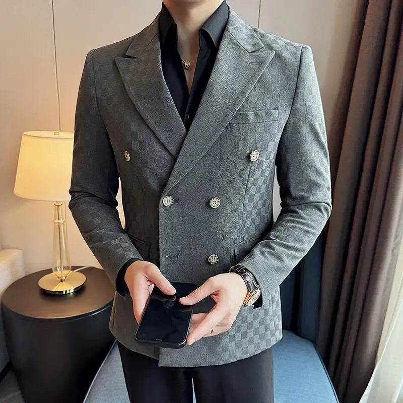 6 cores de luxo duplo breasted blazers casacos 2024 nova moda xadrez negócios fino ajuste social formal terno jaqueta 5xl-m