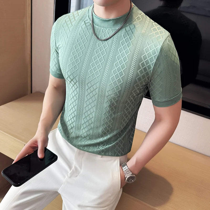 Camisa masculina listra grade t verão meia alta pescoço fino ajuste casual moda respirável elástico pulôver t roupas masculinas 4xl-m