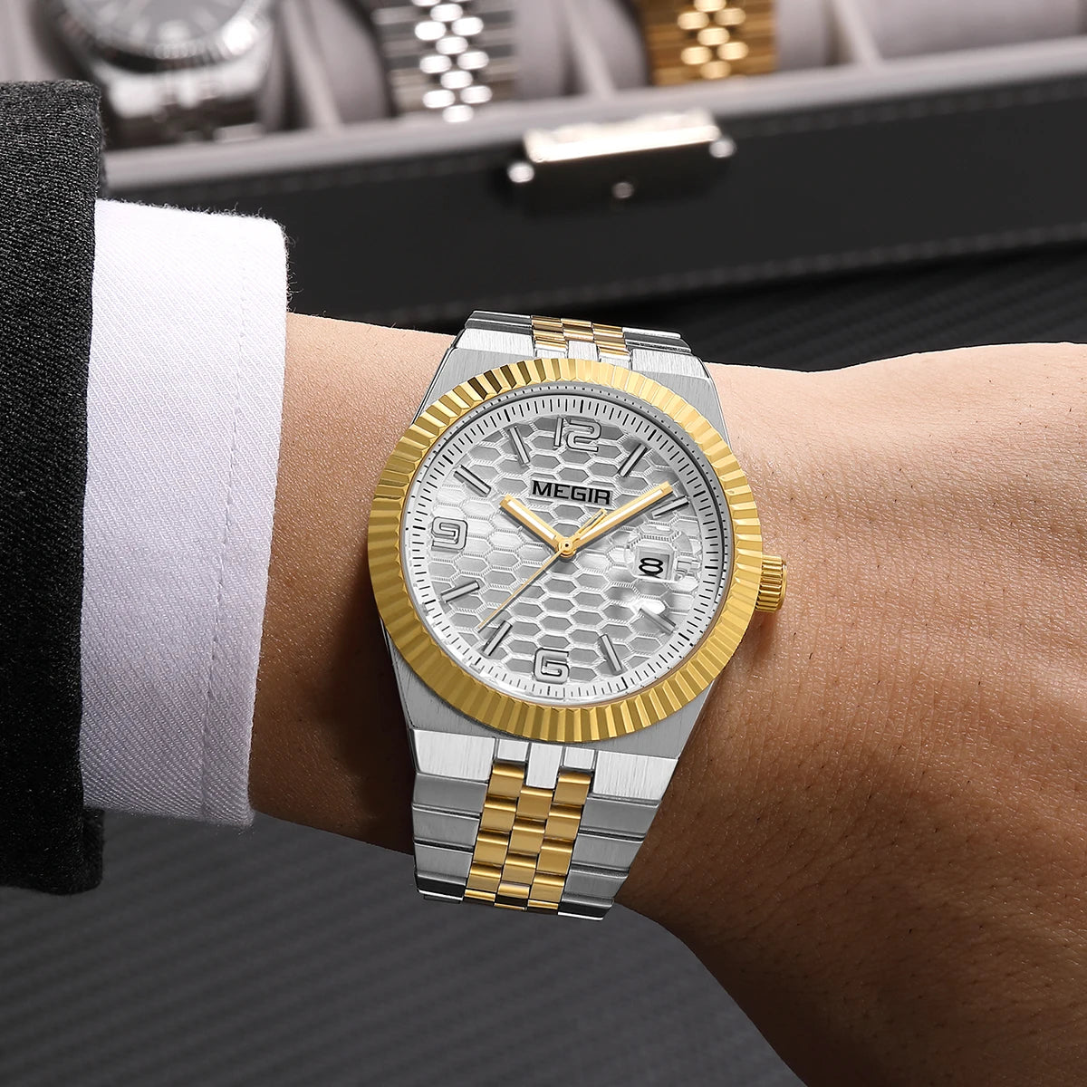 Megir relógio de quartzo estilo simples para homens, relógio de pulso analógico de negócios da moda com pulseira de aço inoxidável, data, mãos luminosas