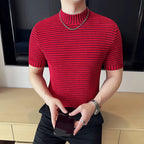 Moda listra impressa t camisas para homens verão casual meia alta pescoço fino ajuste respirável camisetas pullovers roupas masculinas 4xl-m