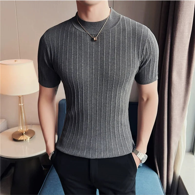 Camisola de malha de manga curta, camiseta elástica, gola redonda, slim fit, meia manga coreana, camiseta listrada, novo, verão, 6 cores, 2024