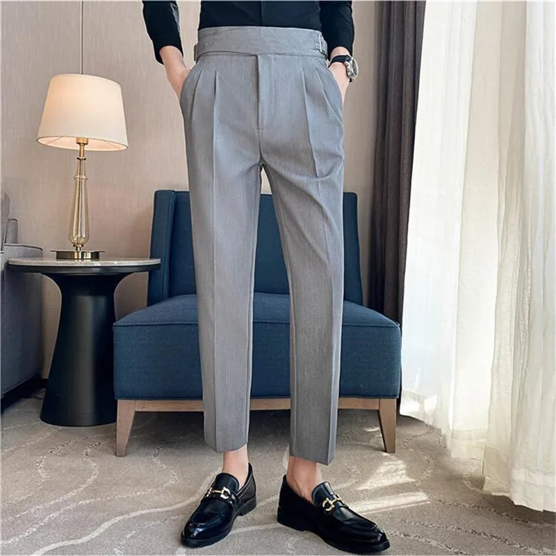 Estilo britânico masculino cintura alta vestido casual calça masculina cinto design calças finas formal escritório social festa de casamento vestido terno calças
