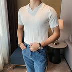 Estilo britânico v pescoço polo camisa dos homens de verão manga curta tricô t moda lapela cor sólida fino ajuste negócios polos casuais