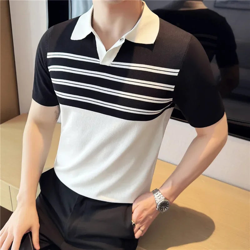 Verão gelo seda com decote em v emendado malha polos camisas 2025 de alta qualidade listrado casual negócios lapela versátil camiseta masculina
