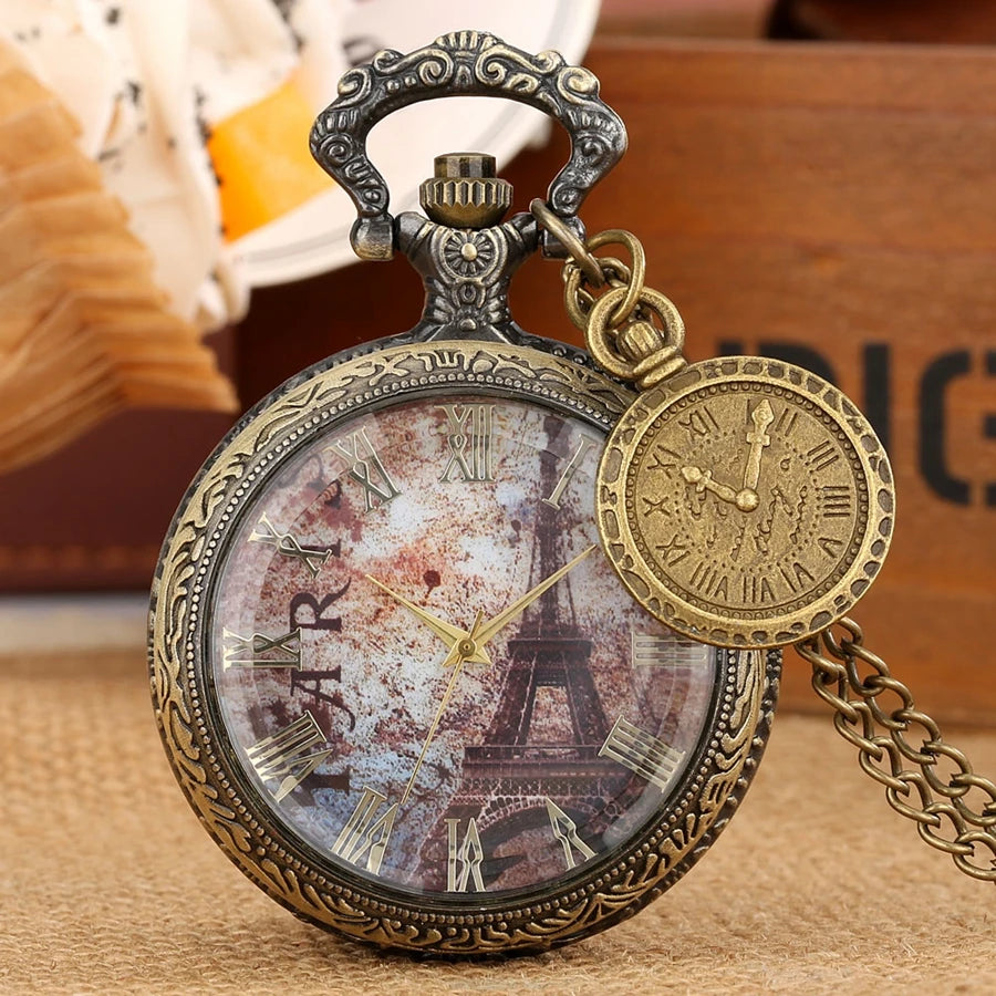 Vidro transparente torre eiffel dial design relógio de bolso de quartzo números romanos display pingente relógio colar reloj com acessório