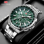 MINI FOCUS Moda Casual Relógio de Quartzo para Homens Relógio de Pulso Multifuncional com Mãos Luminosas Banda de Aço Cronógrafo Calendário Data
